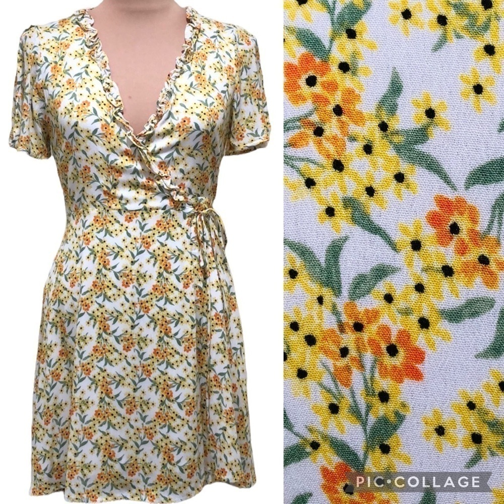 Lulus Dress Size XS White Yellow Floral Flutter Sleeve Ruffle Wrap Audrey Mini